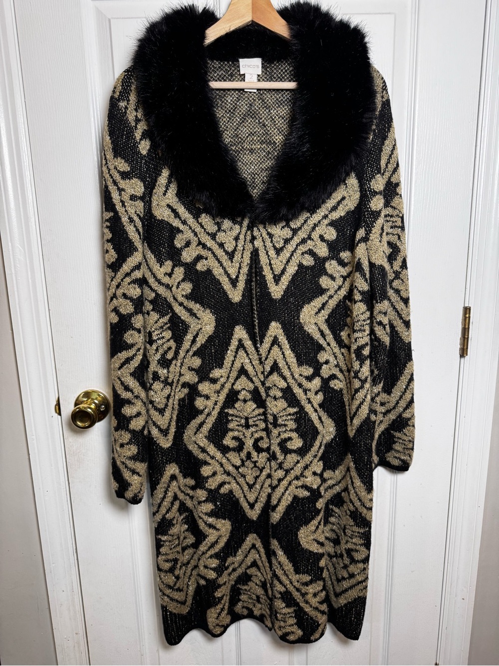 Chico’s Faux Fur Collar Damask Metallic Long Cardigan Duster L 12 14 Statement